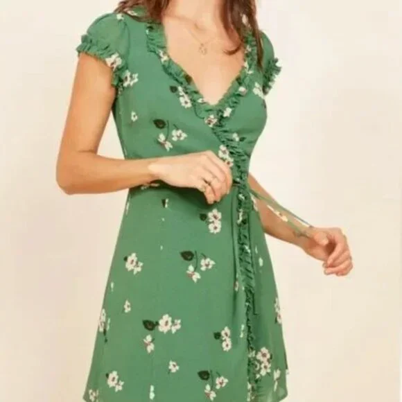REFORMATION Lola Dress Floral Ruffle Mini V-Neck Wrap Short Sleeve Green M - Picture 2 of 8
